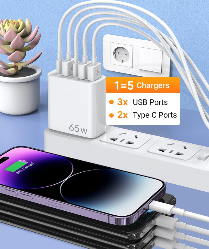 65W Multiple-Ports Fast Charger 5 in 1