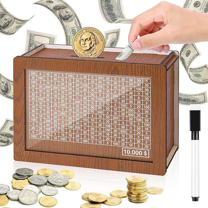 ⏳Limited-time 50% off⏰Retro Style Wooden Money Box with Counter Piggy Bank Handmade Saving Money Goal Piggy Bank