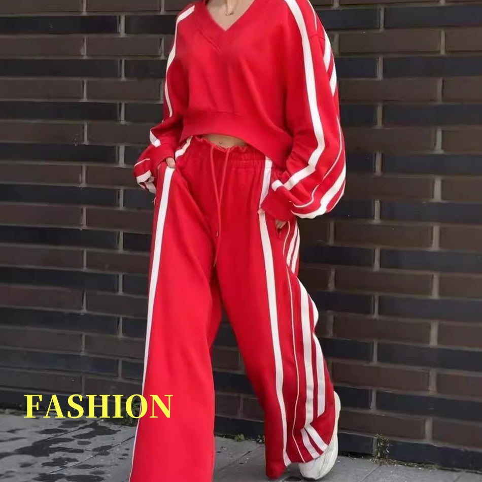 V-Neck Sweatshirt & Wide-Leg Pants (2-Piece Set)