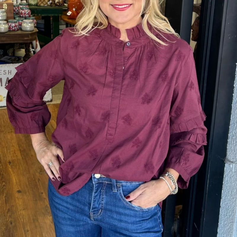 Women’s Loose Blouse with Ruffle Mock Neck