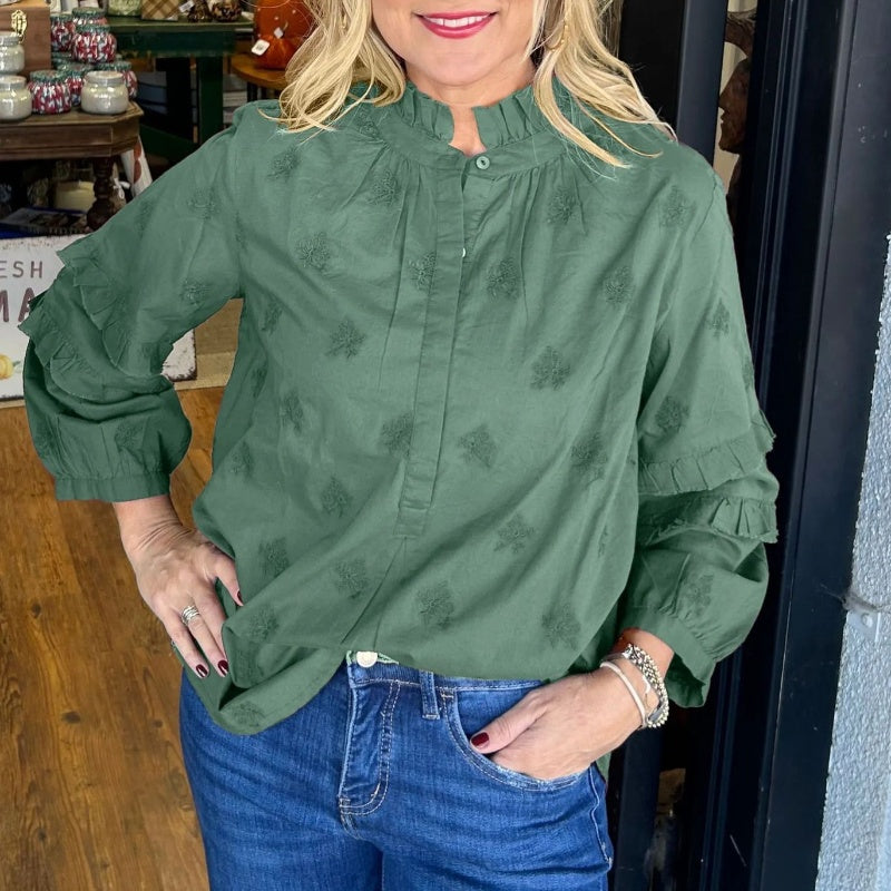 Women’s Loose Blouse with Ruffle Mock Neck