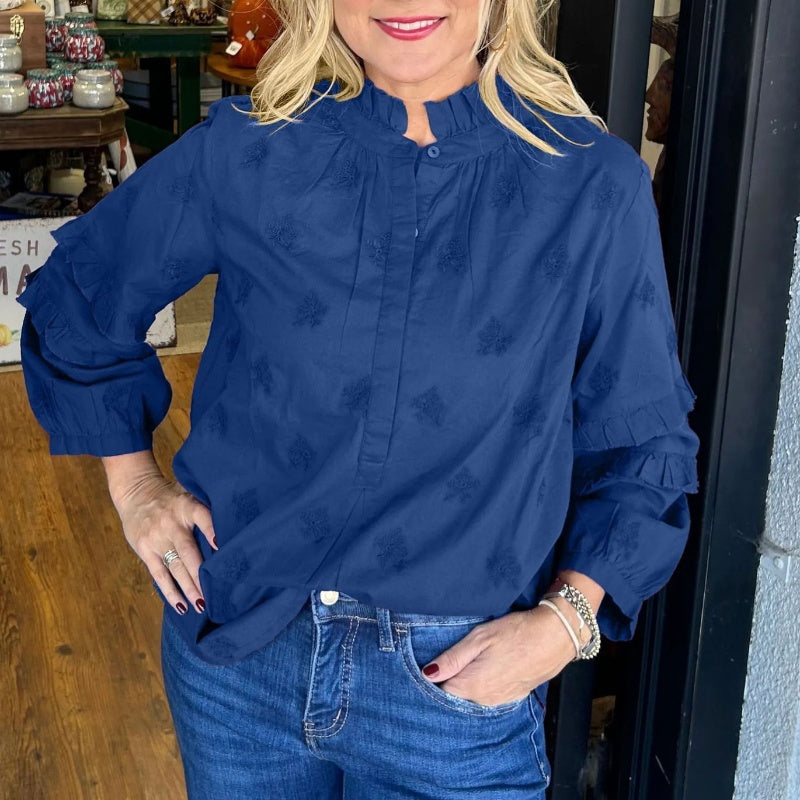Women’s Loose Blouse with Ruffle Mock Neck