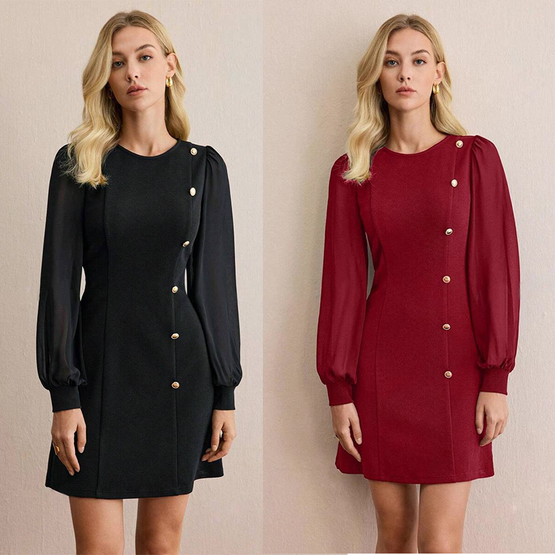 ⏳Limited-time 50% off⏰Elegant Long Sleeve Dress with Asymmetrical Button Detail👗