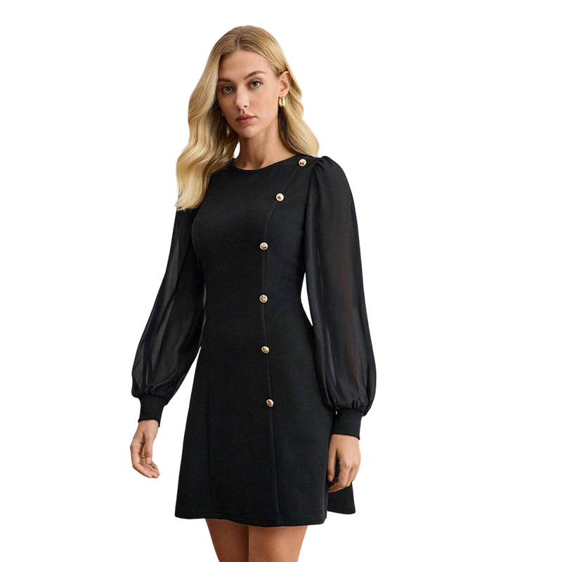 ⏳Limited-time 50% off⏰Elegant Long Sleeve Dress with Asymmetrical Button Detail👗