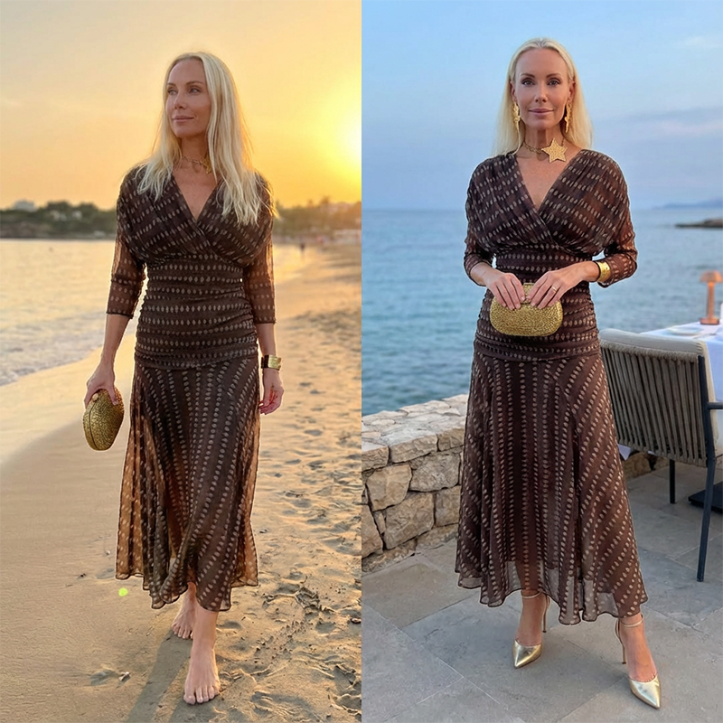 ⏳Limited-time 50% off⏰Bohemian V-Neck Ruched Mesh Maxi Dress👗
