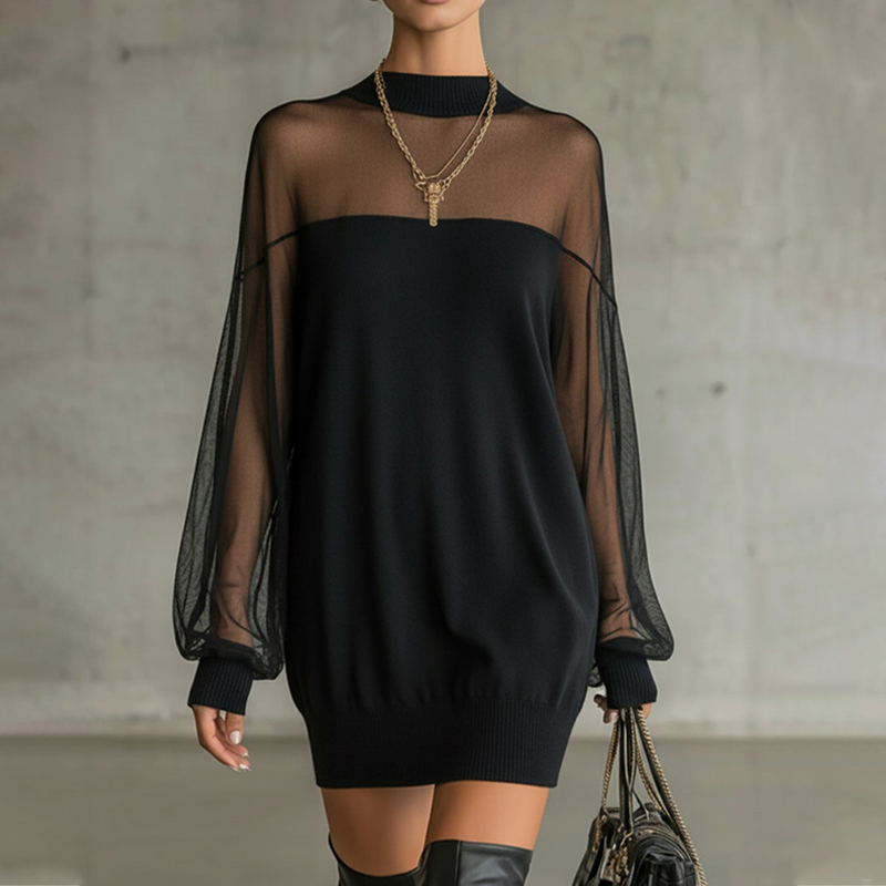 ⏳Limited-time 40% off⏰Sheer Mesh Mock Neck Mini Dress👗