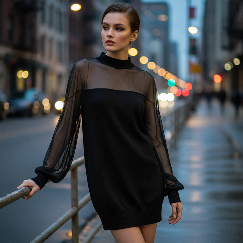 ⏳Limited-time 40% off⏰Sheer Mesh Mock Neck Mini Dress👗