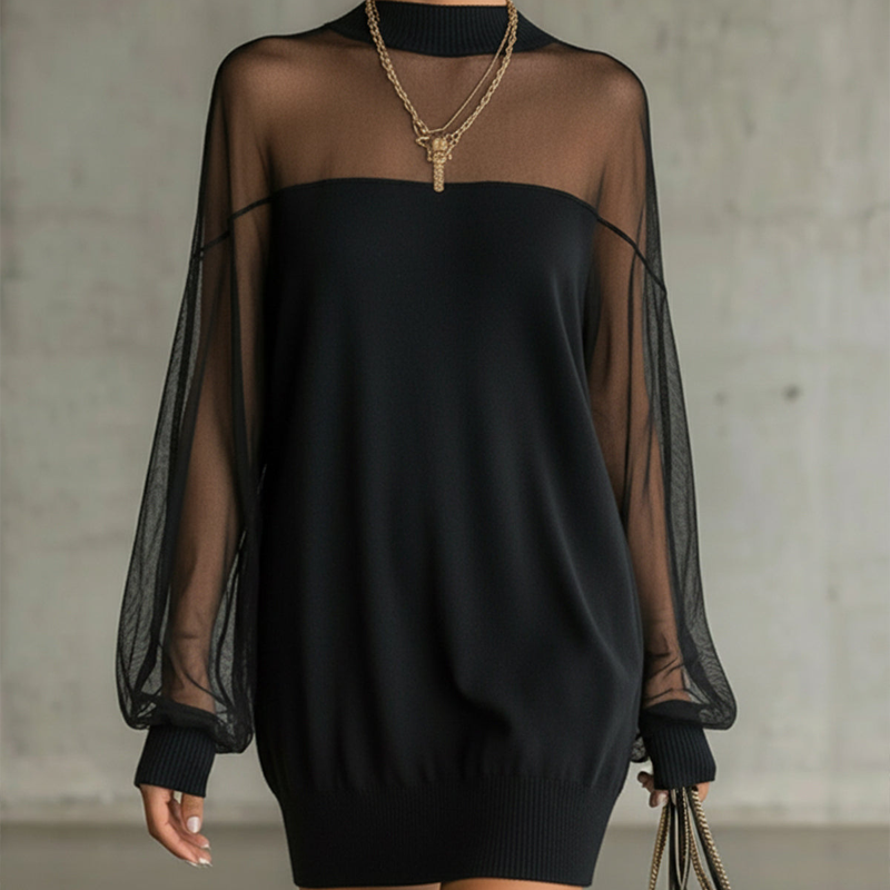 ⏳Limited-time 40% off⏰Sheer Mesh Mock Neck Mini Dress👗