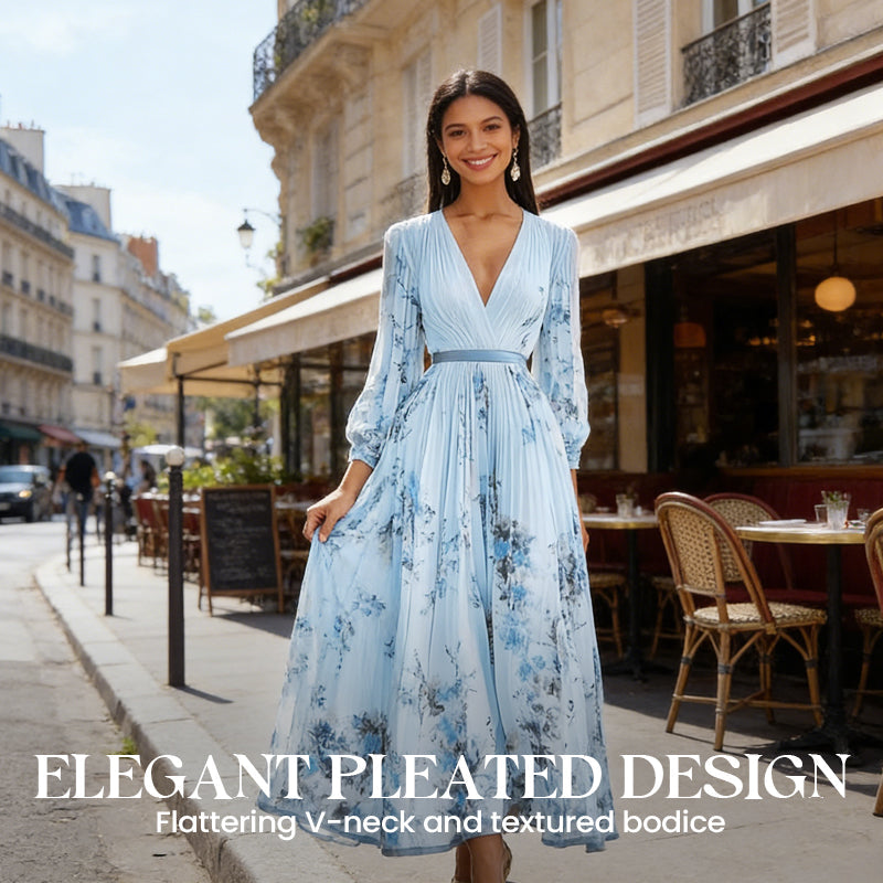 ⏳Limited-time 50% off⏰Elegant V-Neck Floral Pleated Maxi Dress👗