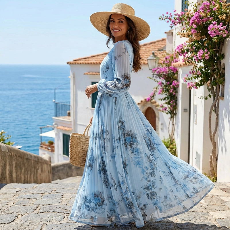 ⏳Limited-time 50% off⏰Elegant V-Neck Floral Pleated Maxi Dress👗