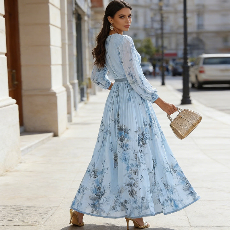 ⏳Limited-time 50% off⏰Elegant V-Neck Floral Pleated Maxi Dress👗